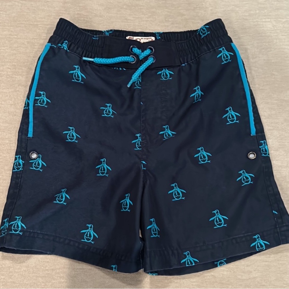 Original Penguin Navy Swim Shorts with Teal Penguin Print